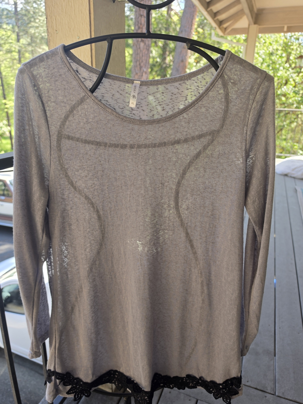 Women's Sheer Gray Long-Sleeve Top with Lace Trim